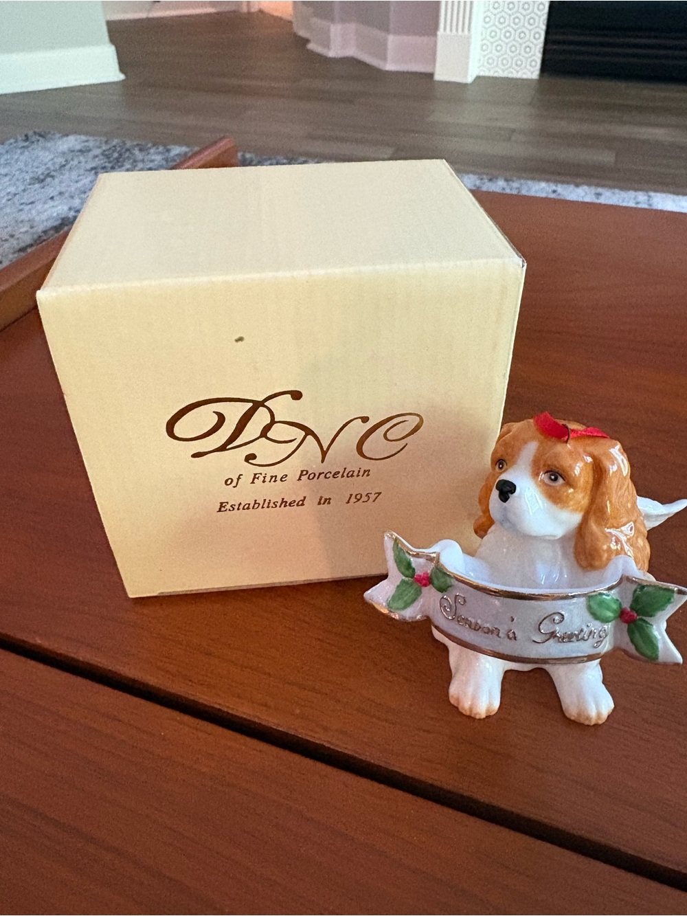 DNC Porcelain Brown and White Holiday Puppy Figurine 1990s